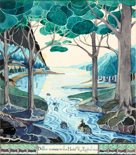 Tolkien's illustration for The Hobbit: Bilbo comes to the Huts of the Raft-elves, 1937